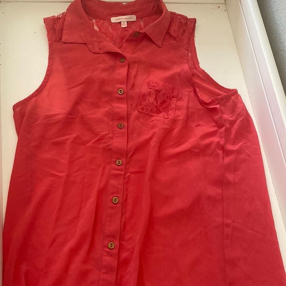 Margo & Sebastian Coral Sheer Lace Blouse Size Medium